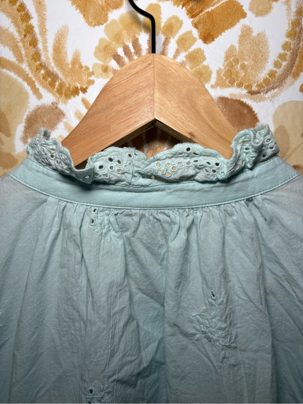 Mint Eyelet Blouse Women | Embroidered Boho Top Puff Sleeve Cottagecore - Picture 9 of 11